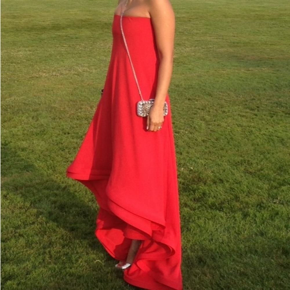 Red silk strapless Alexie Gown